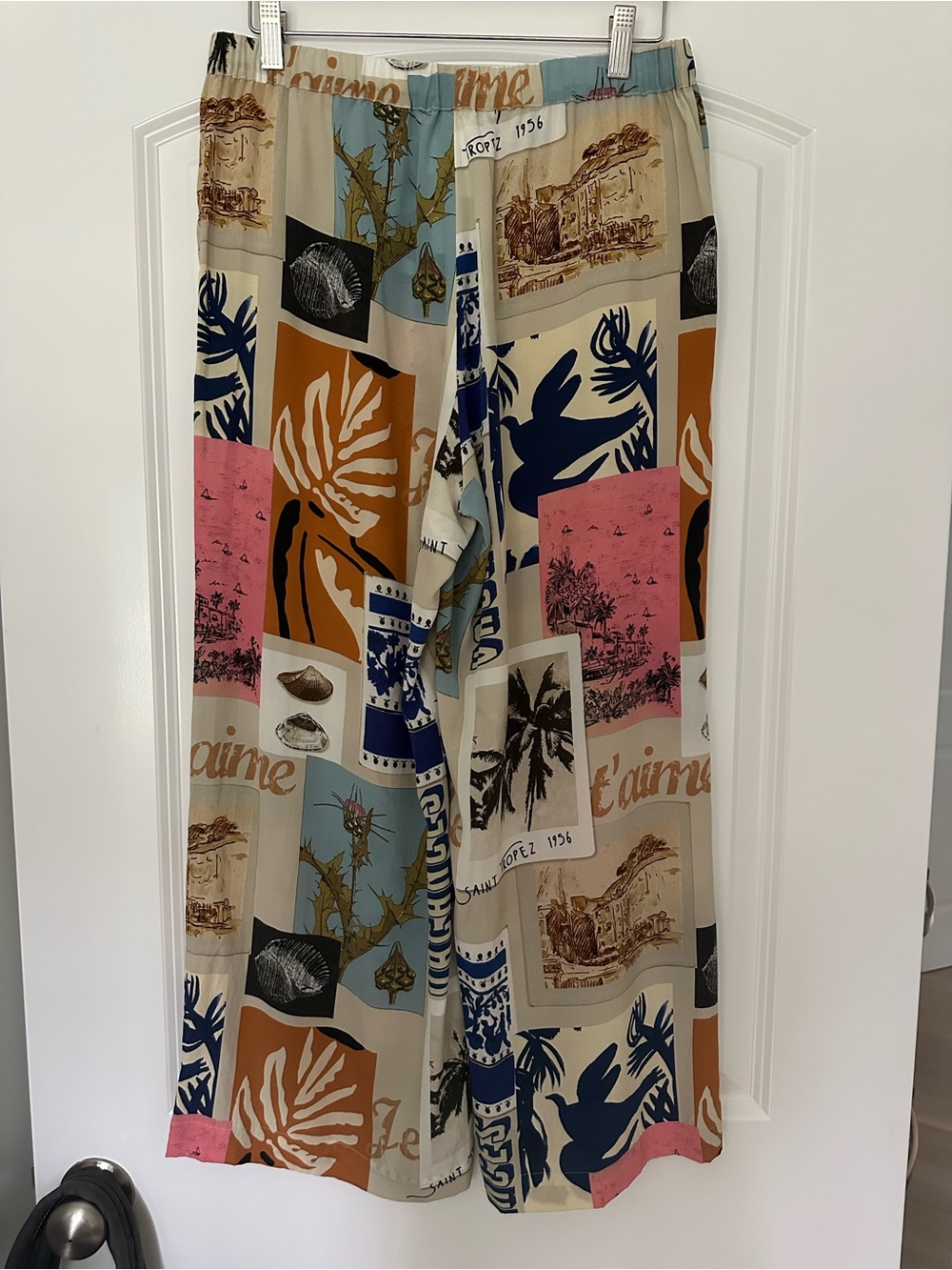 Weekend MaxMara Patchwork Print Wide-Leg Pants in Navy, Pink, Tan & Cream